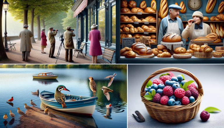 Activité en B avec boulangerie, ballons, banc, birdwatching, bateau, baies.
