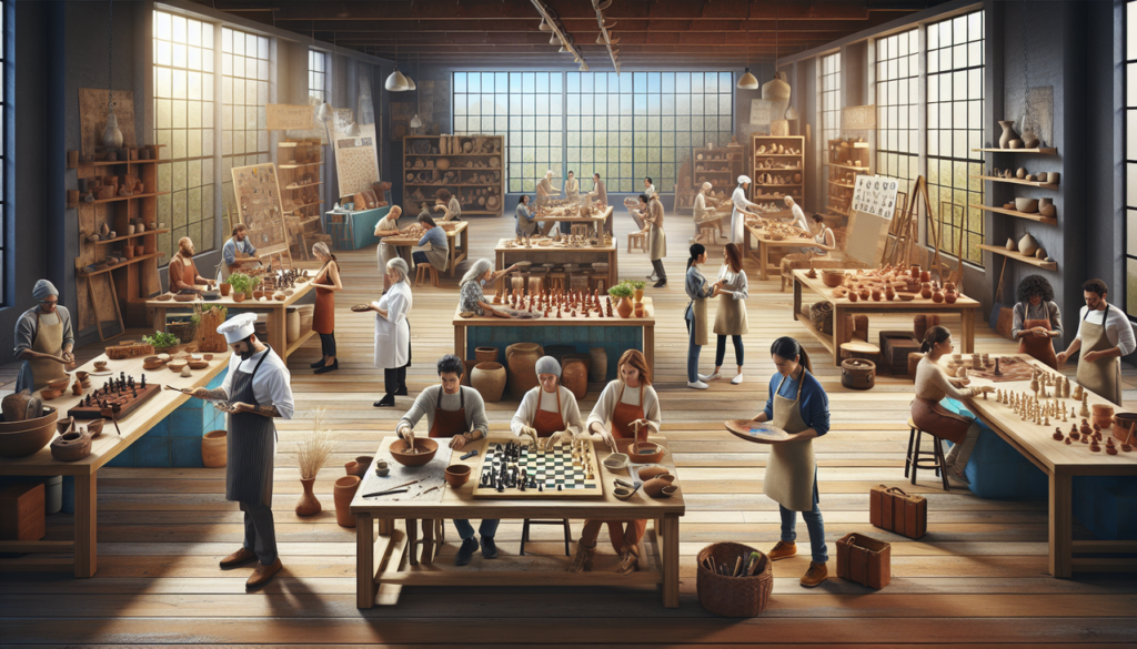 Image d'activités en C : cuisine, céramique, échecs, calligraphie, captées dans une ambiance chaleureuse.