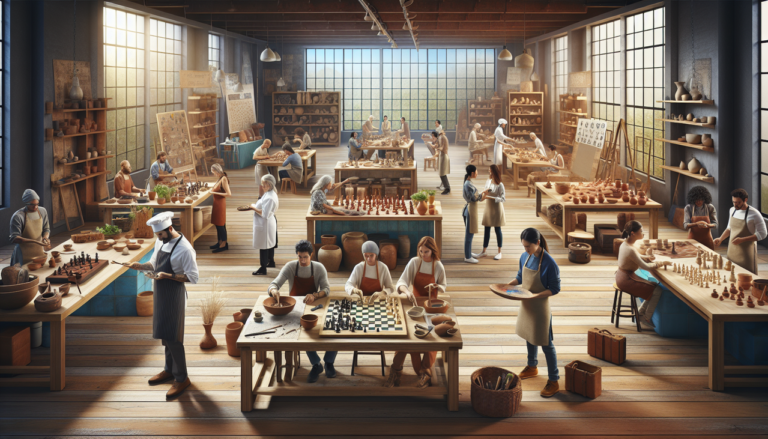 Image d'activités en C : cuisine, céramique, échecs, calligraphie, captées dans une ambiance chaleureuse.