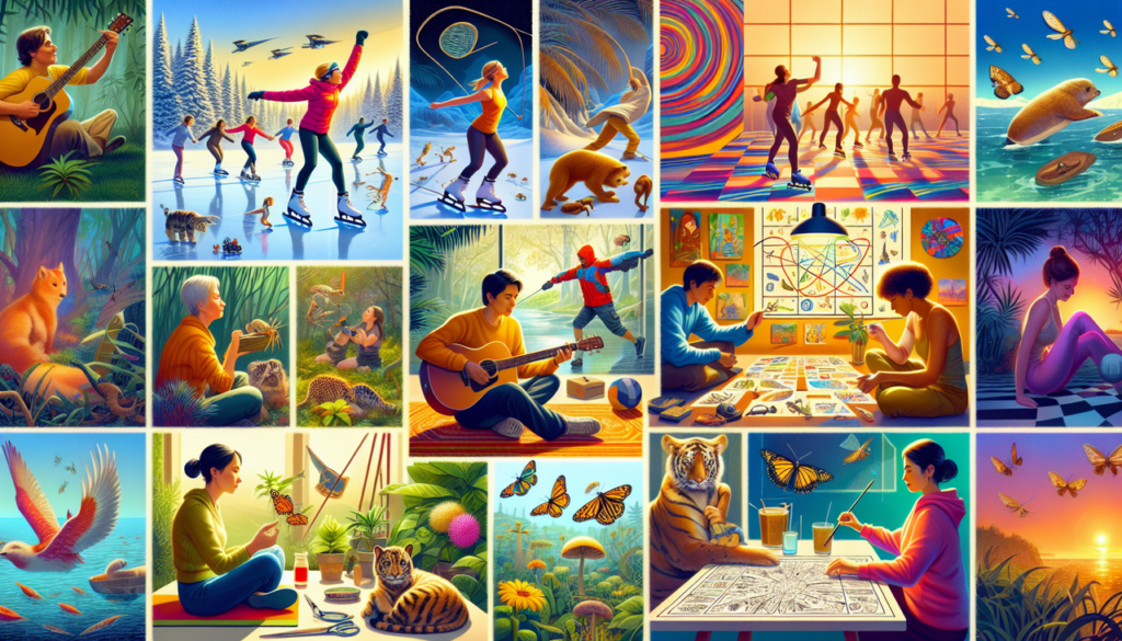 Illustration : Diverses activités en I, telles que la danse sur glace, l'improvisation théâtrale, l'escalade, le yoga, la chasse aux insectes, l'illustration et les jeux vidéo interactifs. Profondeur de champ pour une dynamique visuelle.