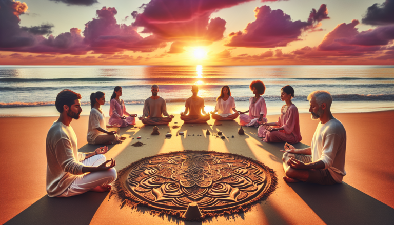 Activité en M : Méditation totale sur la plage au coucher du soleil, avec groupe en position lotus sur le sable doré.