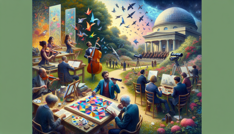 Illustration activité en O: origami, observation d'oiseaux, orchestre, peinture à l'huile, observatoire, ambiance détaillée.
