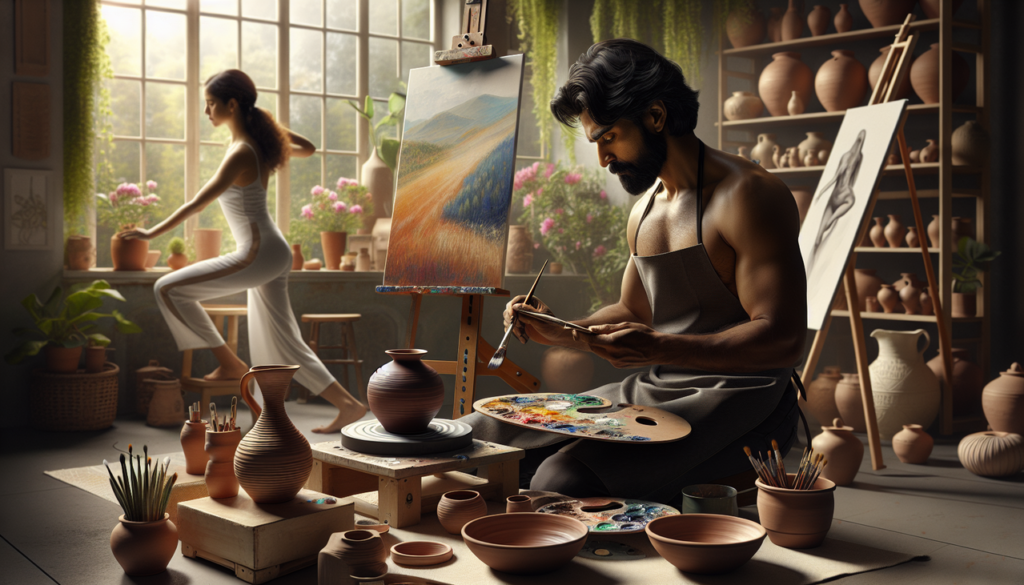 Peintre, potier, pilates dans un studio ensoleillé avec palette de couleurs, vase symétrique, jardin verdoyant.