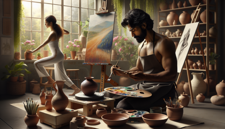 Peintre, potier, pilates dans un studio ensoleillé avec palette de couleurs, vase symétrique, jardin verdoyant.