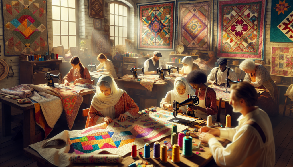 Montrez une session de courtepointe dynamique et colorée dans un atelier chaleureux et ensoleillé.