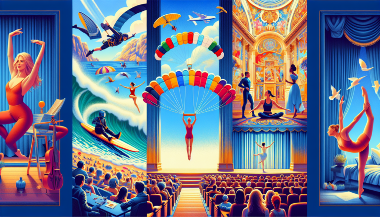 Illustration : Activité en S - yoga, saut en parachute, surf, ballet, soirée cinéma.
