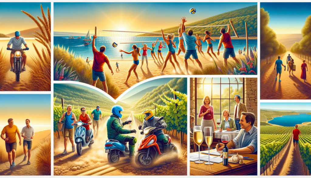 Illustration : Personnes jouant au volleyball et explorant les vignobles en Vespas.