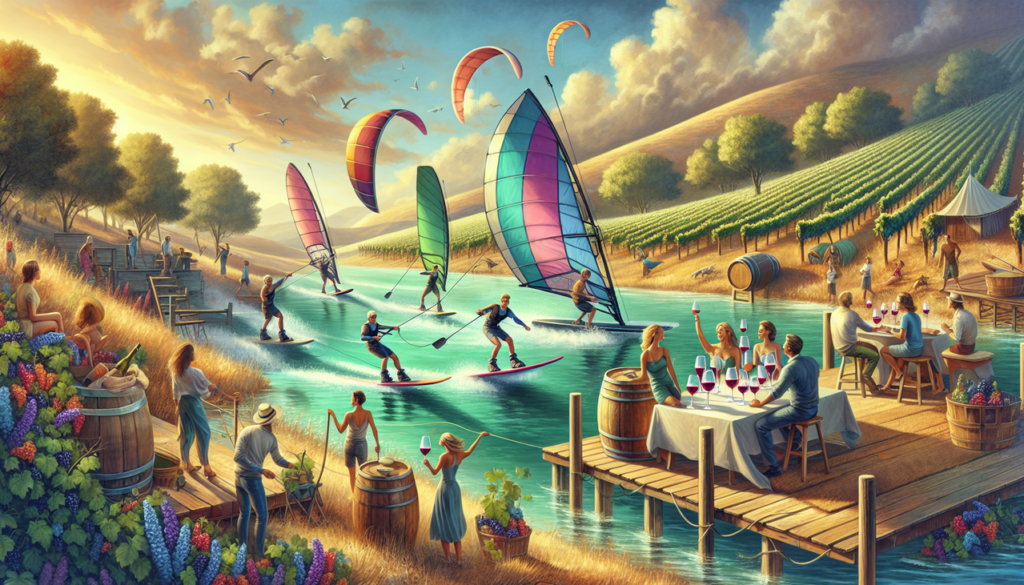 Activité en W : Wakeboarding, windsurfing, wine tasting dans un décor chaleureux au coucher du soleil.