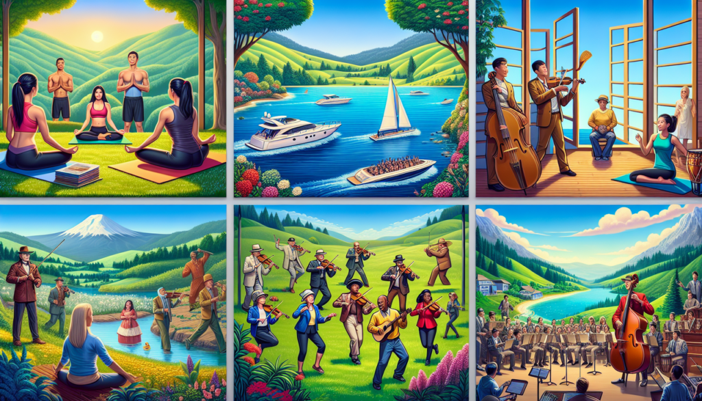 Illustration de diverses activités en Y : yoga dans un parc, yachting en mer, orchestre de jeunes, yodel en montagne.