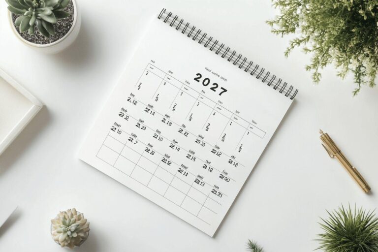 Calendrier 2027 avec jours fériés et vacances scolaires