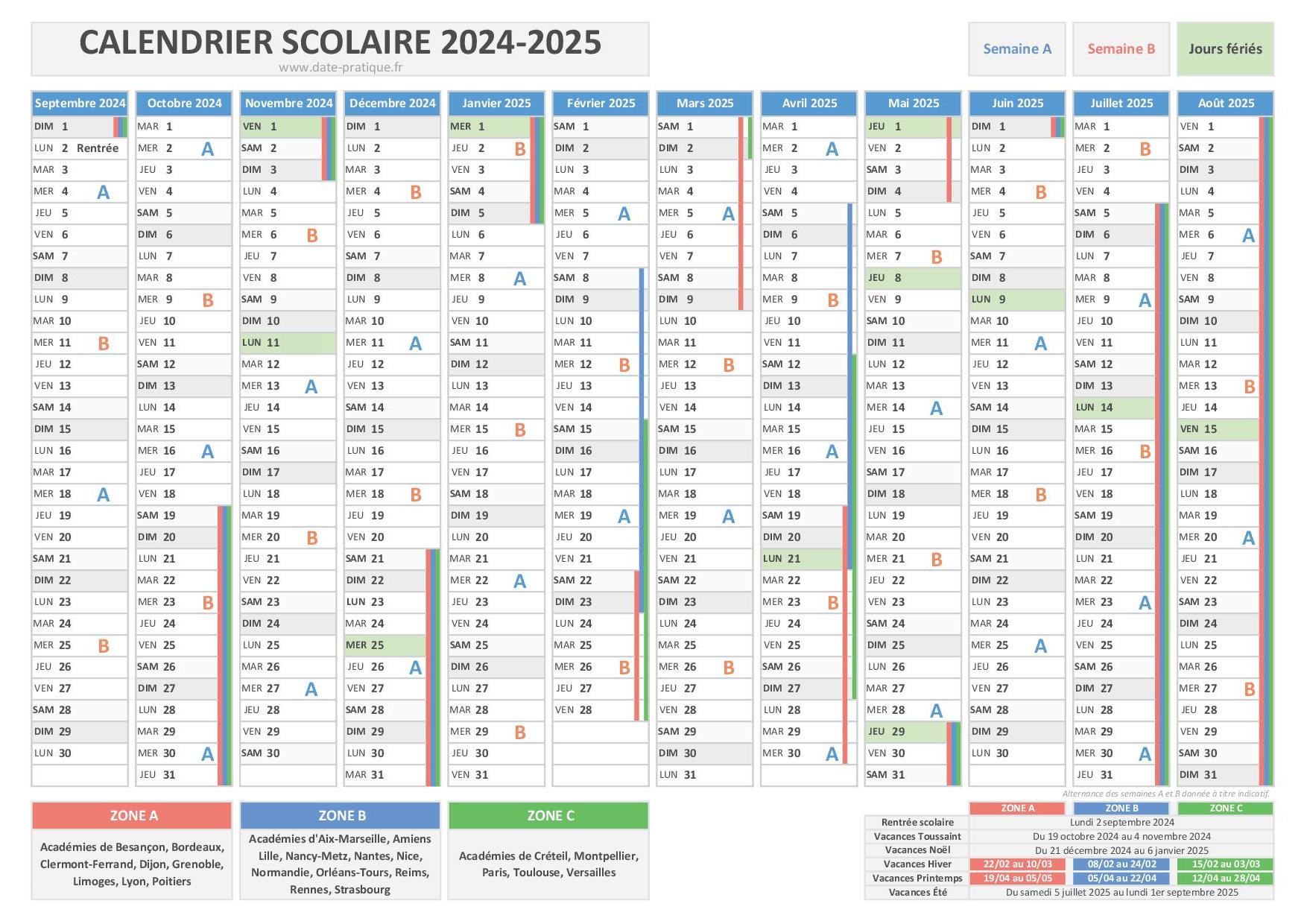 Calendrier scolaire Zone A 2024-2025