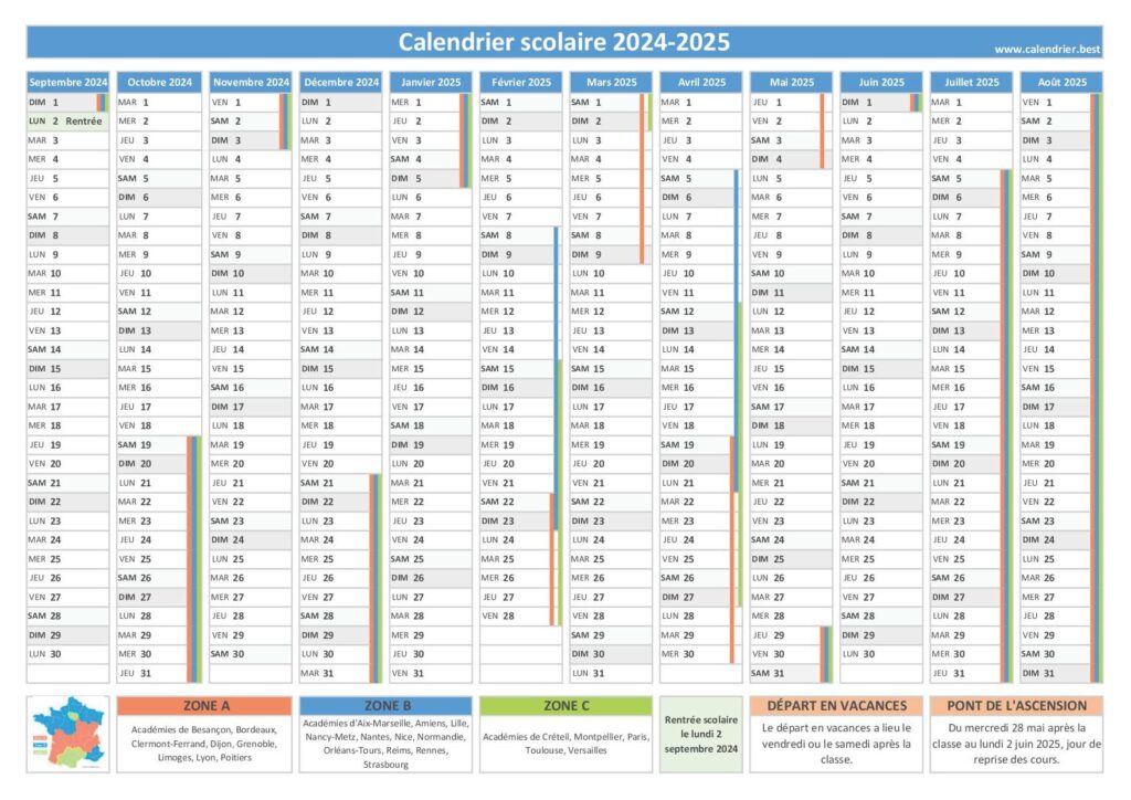 Calendrier officiel des vacances scolaires 2024-2025 pour la zone C à Tarbes