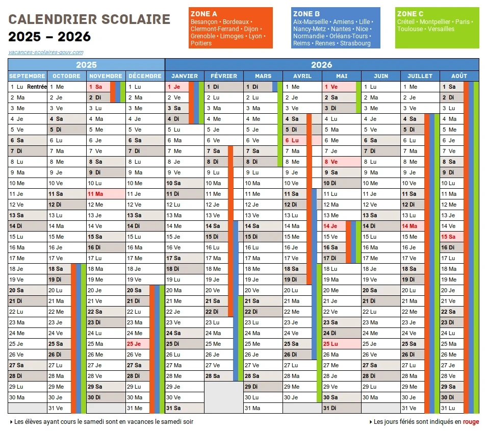 Calendrier officiel des vacances scolaires à Reims pour l'année 2025-2026