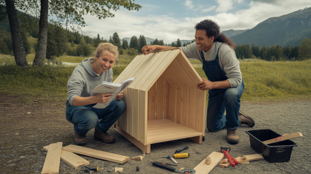 Deux personnes montent ensemble un petit chalet en kit dans un décor de montagne naturel, avec des outils simples et une atmosphère réaliste et encourageante.
