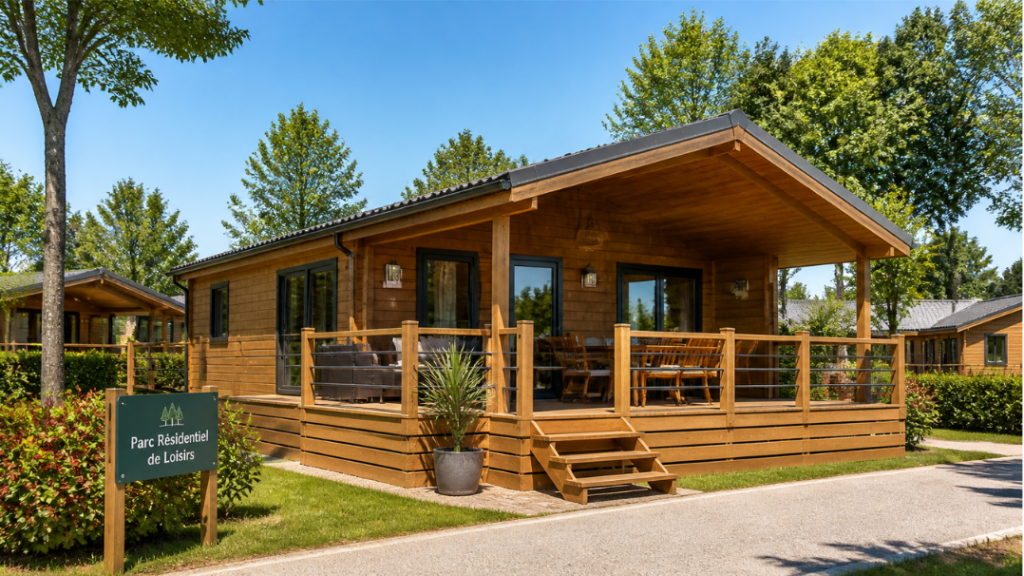 Chalet en bois habitable installé dans un parc résidentiel de loisirs