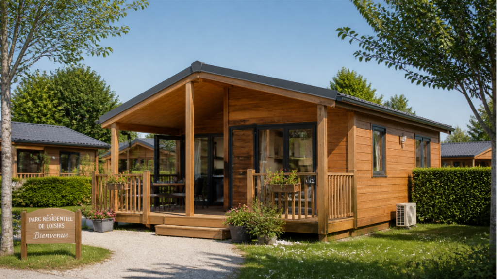 Chalet en bois habitable installé dans un parc résidentiel de loisirs